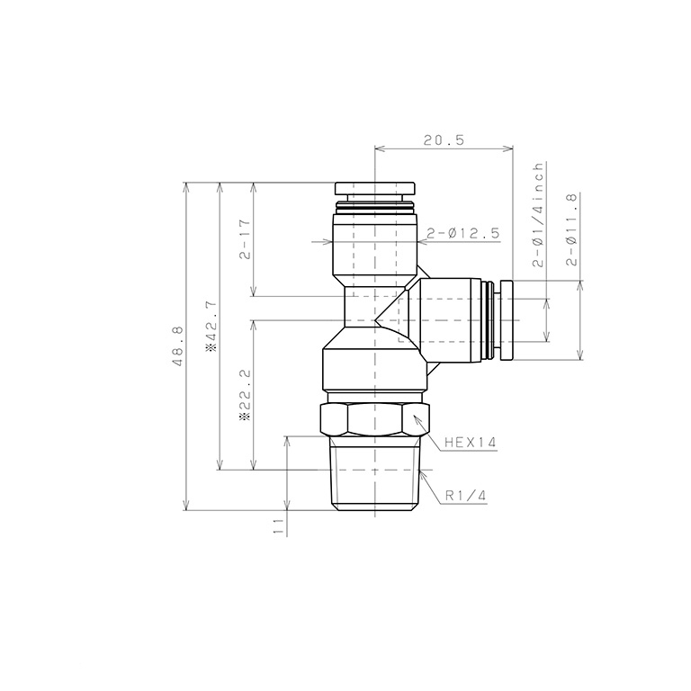 Đầu Nối Nhanh Khí Nén Dạng Chữ T Ren Ngoài Pisco PD1/4-02_drawing