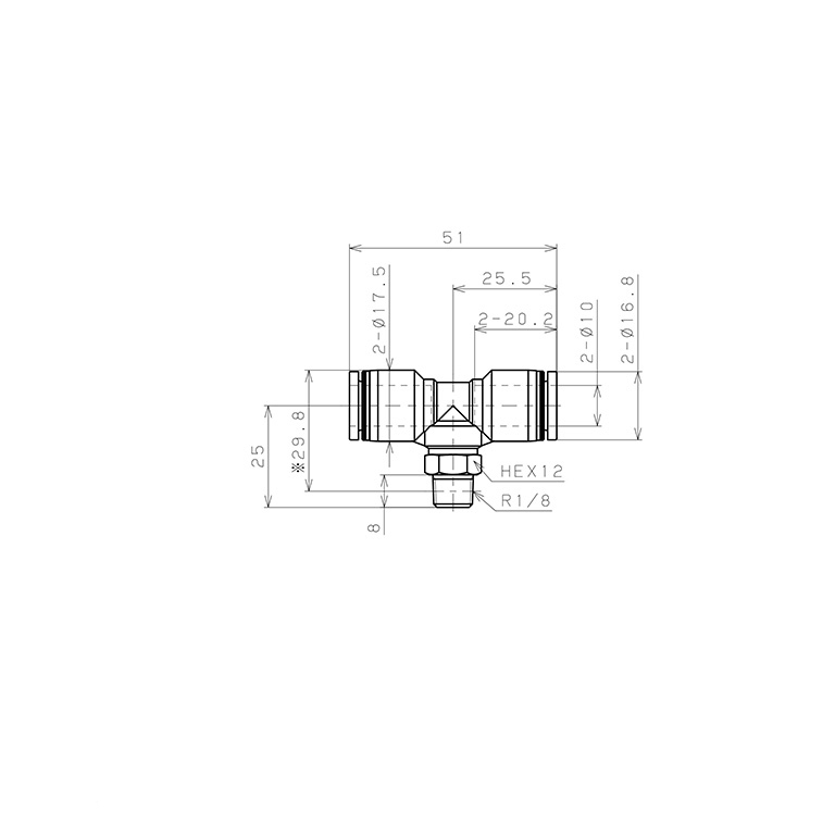 Đầu Nối Nhanh Khí Nén Dạng Chữ T Ren Ngoài Pisco PB10-01W_drawing