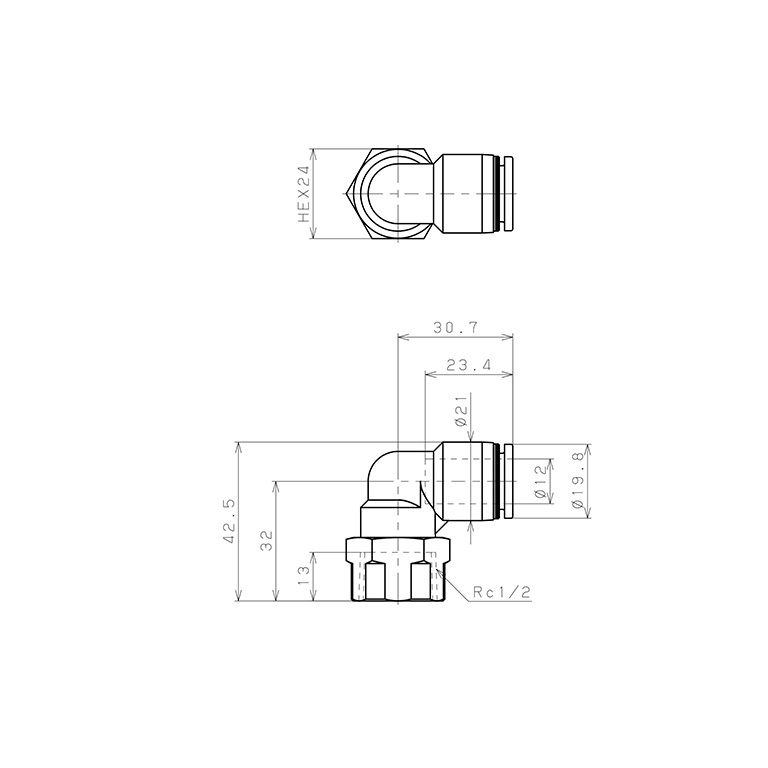 Đầu Nối Nhanh Khí Nén Dạng Cong 90° Ren Trong Pisco PLF12-04_drawing