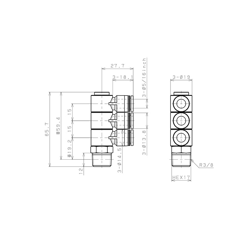 Đầu Nối Nhanh Khí Nén Ba Nhánh Cong 90° Thân Lục Giác Trụ Ren Ngoài Pisco PHT5/16-03_drawing