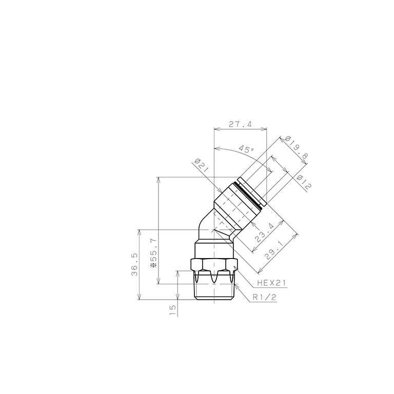 Đầu Nối Nhanh Khí Nén Dạng Cong 45° Ren Ngoài Pisco PLH12-04W_drawing