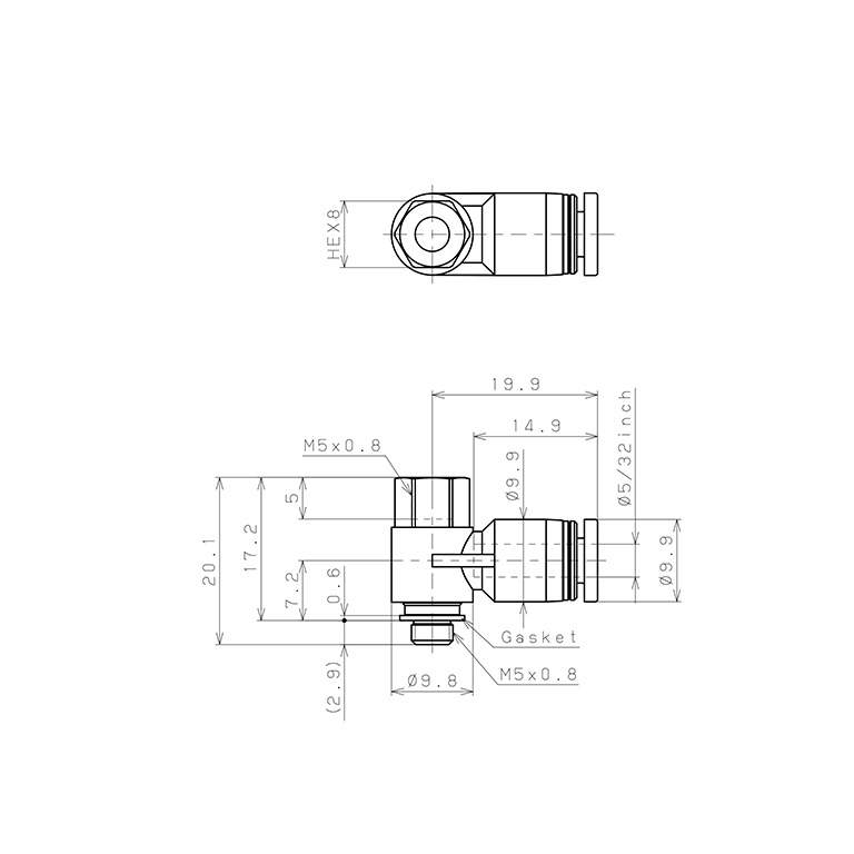 Đầu Nối Nhanh Khí Nén Cong 90° Đầu Lục Giác Trụ Ren Đực Cái Pisco PHF5/32-M5_drawing