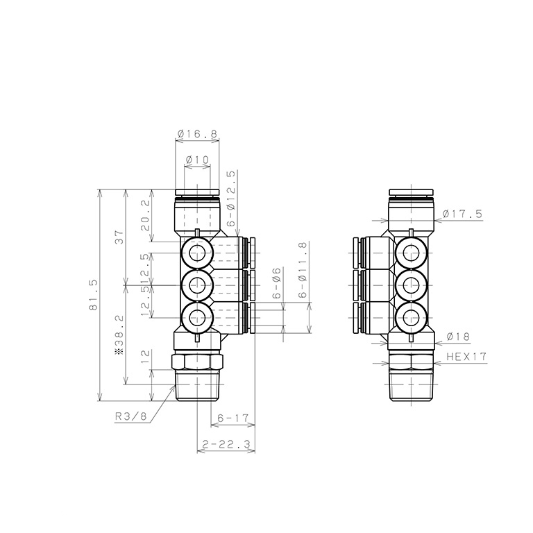 Đầu Nối Nhanh Khí Nén Dạng Chữ T Sáu Nhánh Ren Ngoài Pisco PKVD10-6-03_drawing