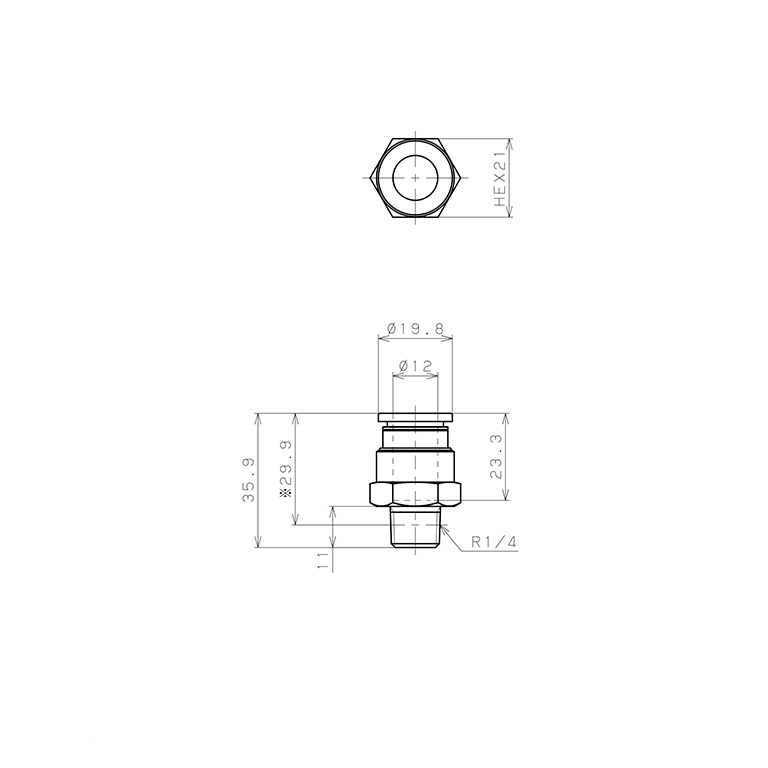 Đầu Nối Nhanh Khí Nén Dạng Thẳng Thân Lục Giác Ren Ngoài Pisco PC12-02-C_drawing