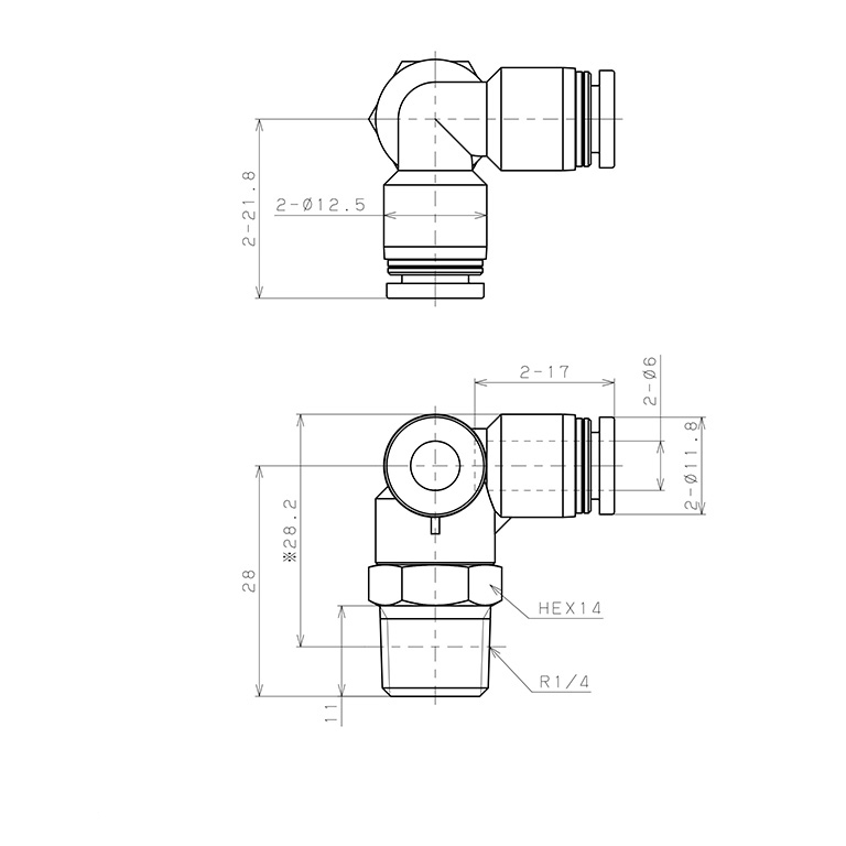 Đầu Nối Nhanh Khí Nén Hai Nhánh Chạc Ba Cong 90° Ren Ngoài Pisco PVX6-02_drawing