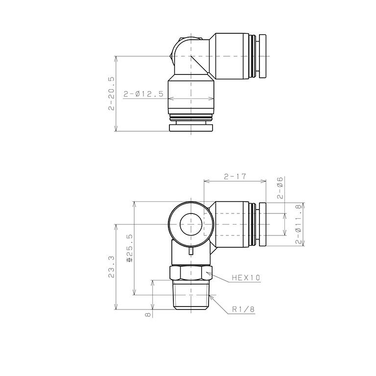 Đầu Nối Nhanh Khí Nén Hai Nhánh Chạc Ba Cong 90° Ren Ngoài Pisco PVX6-01_drawing