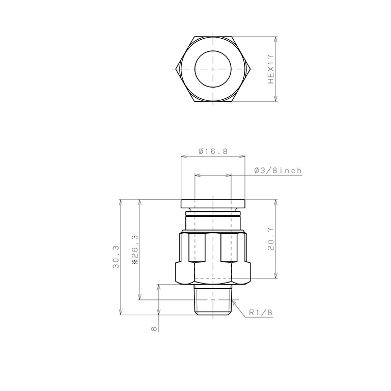 Đầu Nối Nhanh Khí Nén Dạng Thẳng Thân Lục Giác Ren Ngoài Pisco PC3/8-01_drawing