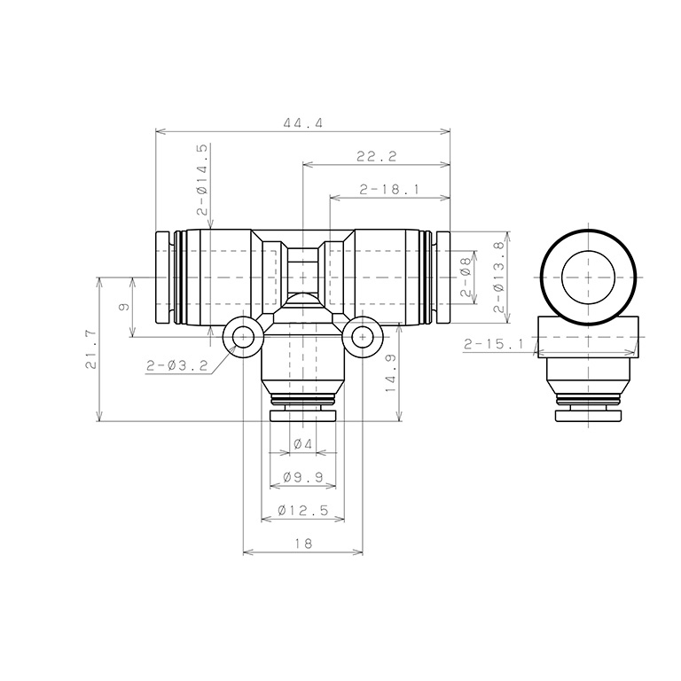 Đầu Nối Nhanh Khí Nén Chữ T Dạng Nối Giảm Pisco PEG8-4W_drawing