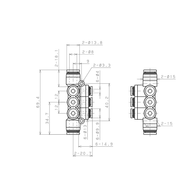 Đầu Nối Nhanh Khí Nén Chữ T 8 Ngã Dạng Nối Giảm Pisco PKVG8-4W_drawing