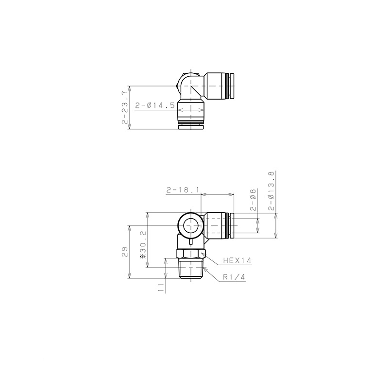 Đầu Nối Nhanh Khí Nén Hai Nhánh Chạc Ba Cong 90° Ren Ngoài Pisco PVX8-02_drawing