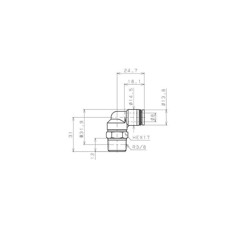 Đầu Nối Nhanh Khí Nén Dạng Cong 90° Ren Ngoài Pisco PL8-03-UC_drawing
