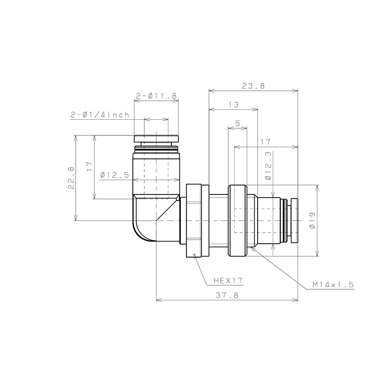 Đầu Nối Nhanh Khí Nén Cong 90° Ren Ngoài Lắp Kẹp Vách Pisco PML1/4W_drawing