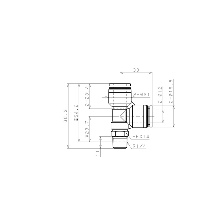 Đầu Nối Nhanh Khí Nén Dạng Chữ T Ren Ngoài Pisco PD12-02W-C_drawing