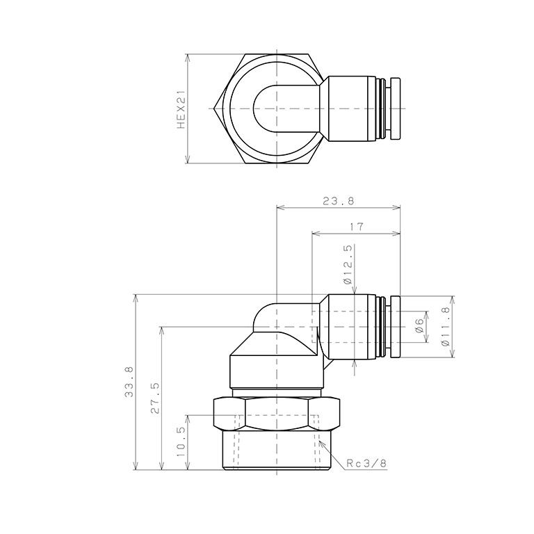 Đầu Nối Nhanh Khí Nén Dạng Cong 90° Ren Trong Pisco PLF6-03W-C_drawing