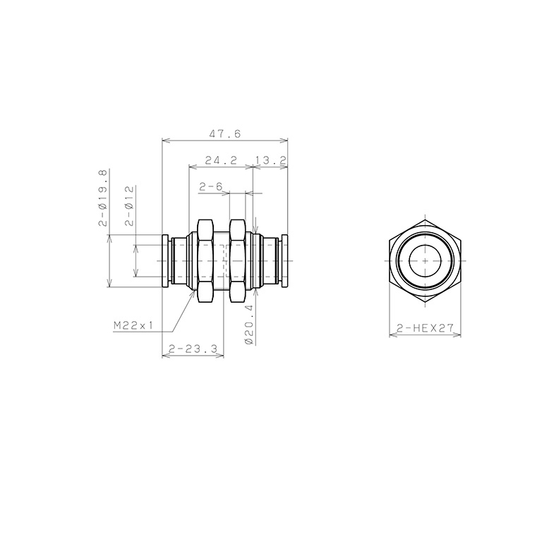 Đầu Nối Nhanh Khí Nén Dạng Thẳng Ren Ngoài Lắp Kẹp Vách Pisco PM12W_drawing