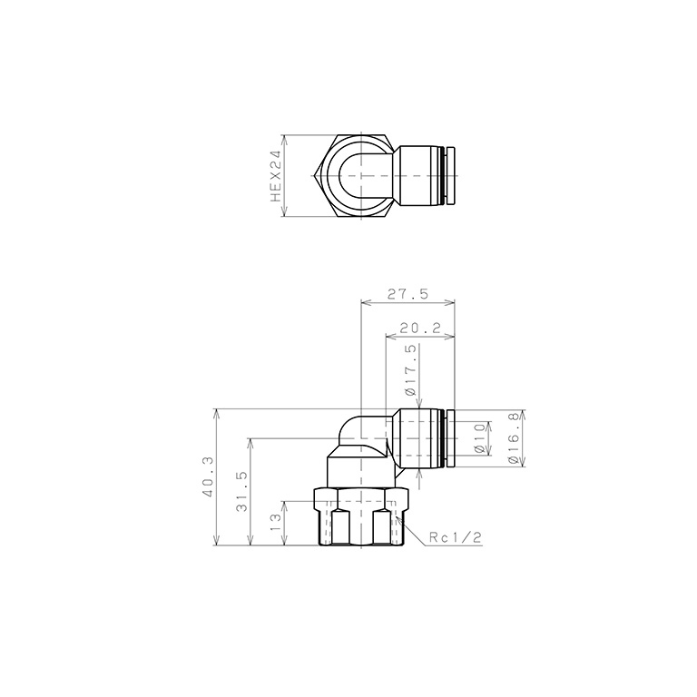 Đầu Nối Nhanh Khí Nén Dạng Cong 90° Ren Trong Pisco PLF10-04-C_drawing