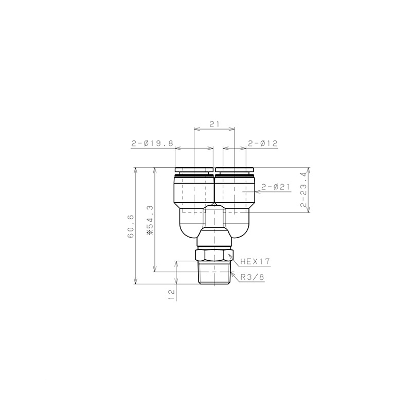 Đầu Nối Nhanh Khí Nén Dạng Chữ Y Ren Ngoài Pisco PX12-03-C_drawing