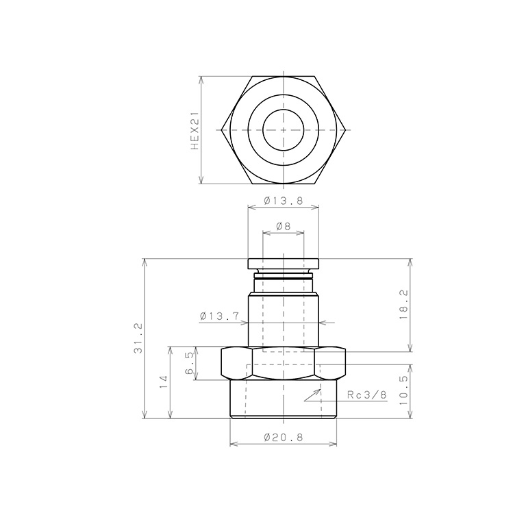 Đầu Nối Nhanh Khí Nén Dạng Thẳng Ren Trong Pisco PCF8-03W_drawing