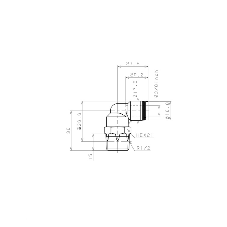 Đầu Nối Nhanh Khí Nén Dạng Cong 90° Ren Ngoài Pisco PL3/8-04W_drawing