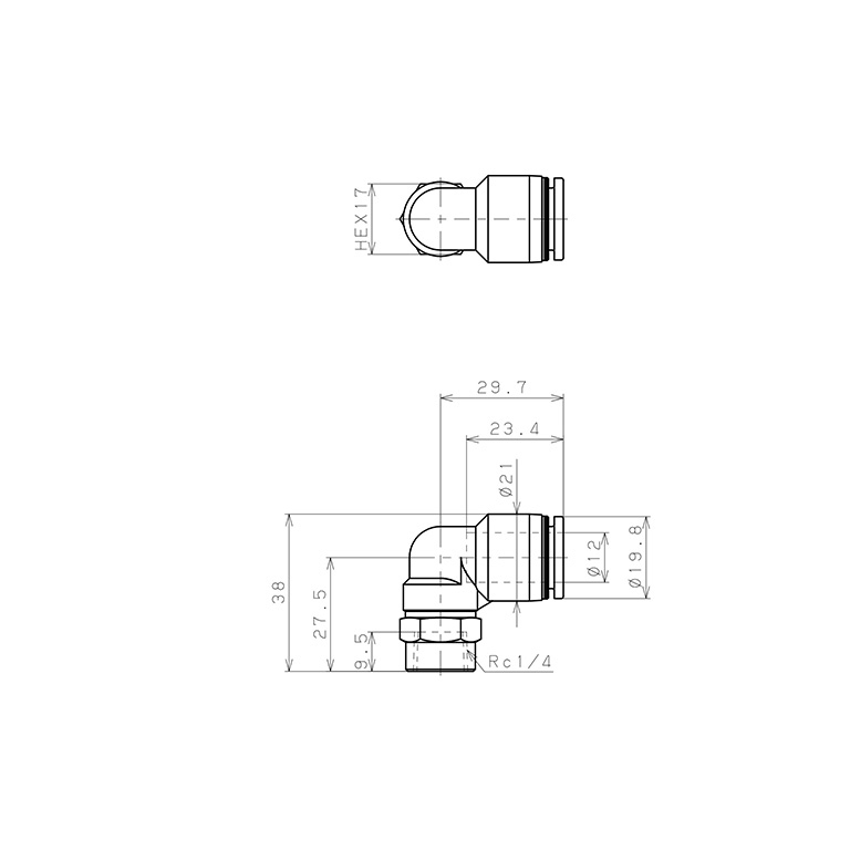 Đầu Nối Nhanh Khí Nén Dạng Cong 90° Ren Trong Pisco PLF12-02W_drawing