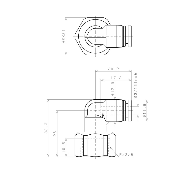 Đầu Nối Nhanh Khí Nén Dạng Cong 90° Ren Trong Pisco PLF3/16-03_drawing