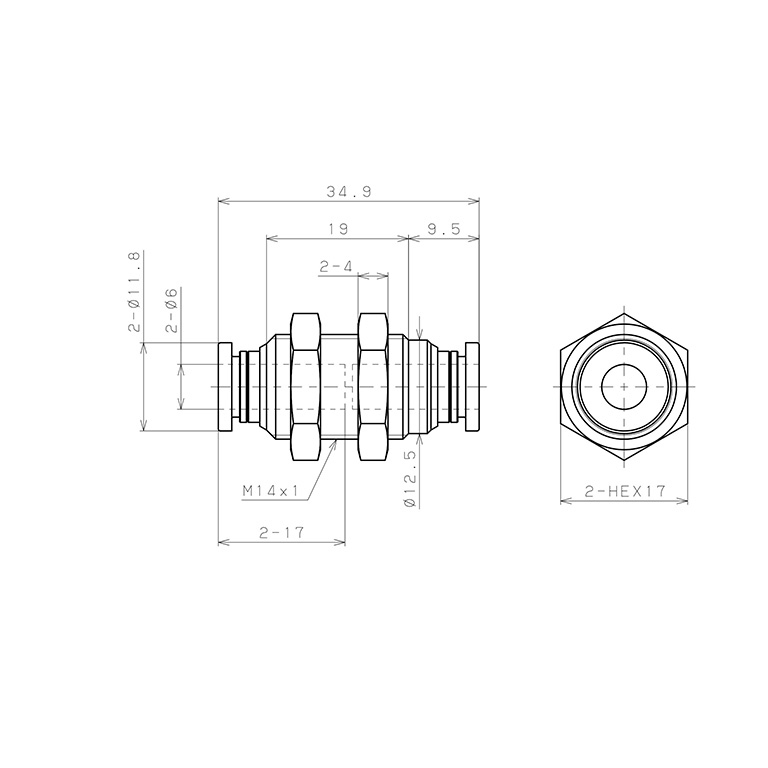 Đầu Nối Nhanh Khí Nén Dạng Thẳng Ren Ngoài Lắp Kẹp Vách Pisco PM6W-C_drawing