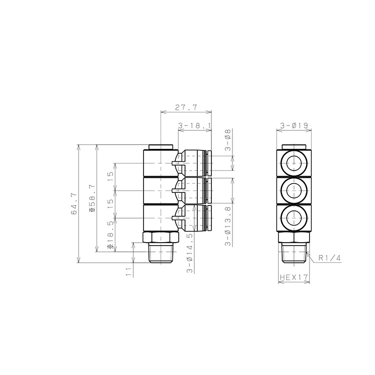 Đầu Nối Nhanh Khí Nén Ba Nhánh Cong 90° Thân Lục Giác Trụ Ren Ngoài Pisco PHT8-02-C_drawing