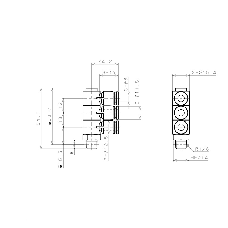 Đầu Nối Nhanh Khí Nén Ba Nhánh Cong 90° Thân Lục Giác Trụ Ren Ngoài Pisco PHT6-01_drawing