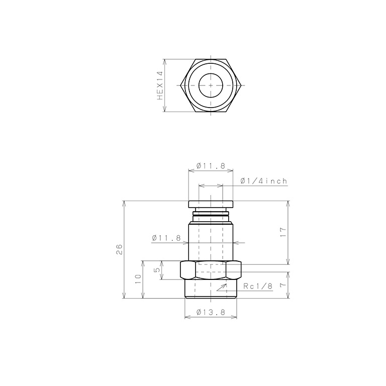 Đầu Nối Nhanh Khí Nén Dạng Thẳng Ren Trong Pisco PCF1/4-01-UC_drawing