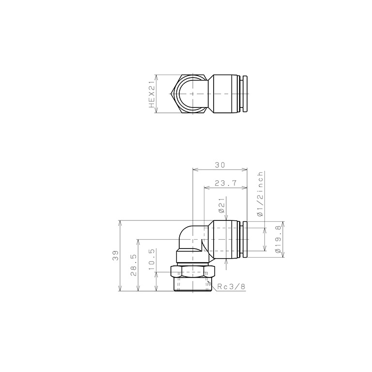 Đầu Nối Nhanh Khí Nén Dạng Cong 90° Ren Trong Pisco PLF1/2-03_drawing