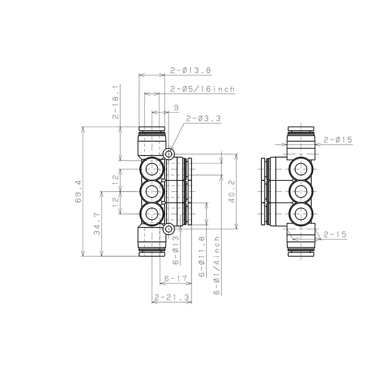 Đầu Nối Nhanh Khí Nén Chữ T 8 Ngã Dạng Nối Giảm Pisco PKVG5/16-1/4-C_drawing