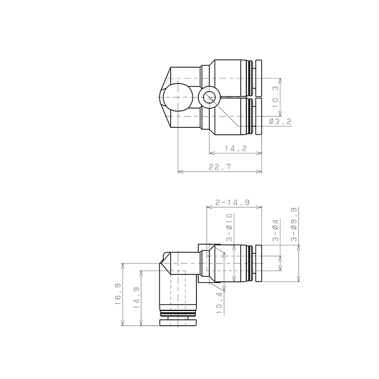 Đầu Nối Nhanh Khí Nén Ba Ngã Cong 90° Pisco PAU4-UC_drawing