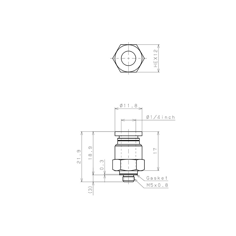 Đầu Nối Nhanh Khí Nén Dạng Thẳng Thân Lục Giác Ren Ngoài Pisco PC1/4-M5-UC_drawing