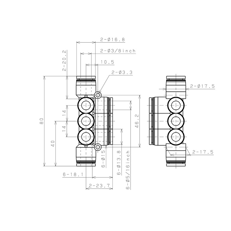 Đầu Nối Nhanh Khí Nén Chữ T 8 Ngã Dạng Nối Giảm Pisco PKVG3/8-5/16_drawing