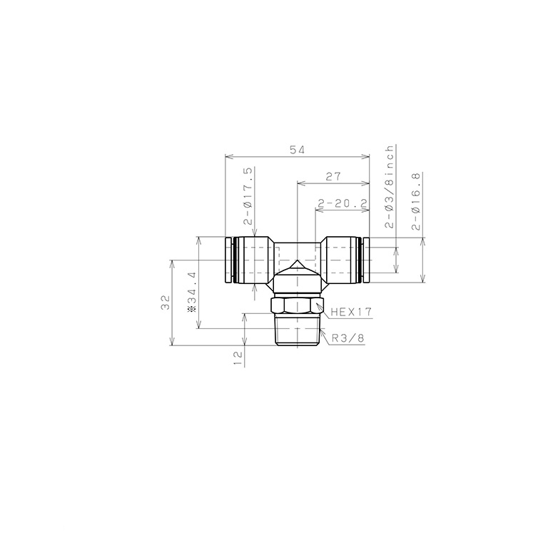 Đầu Nối Nhanh Khí Nén Dạng Chữ T Ren Ngoài Pisco PB3/8-03-C_drawing