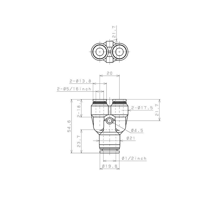 Đầu Nối Nhanh Khí Nén Chữ Y Dạng Nối Giảm Pisco PW1/2-5/16-C_drawing