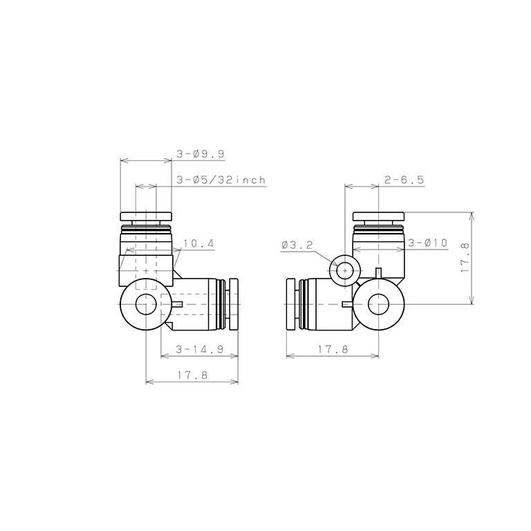 Đầu Nối Nhanh Khí Nén Chạc Ba 90° Pisco PVU5/32_drawing
