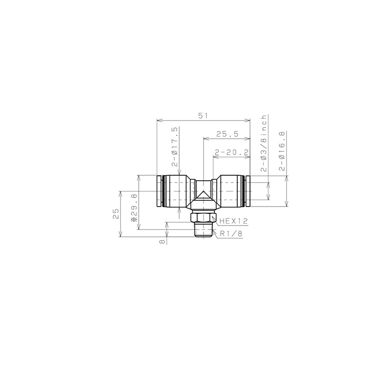 Đầu Nối Nhanh Khí Nén Dạng Chữ T Ren Ngoài Pisco PB3/8-01-C_drawing