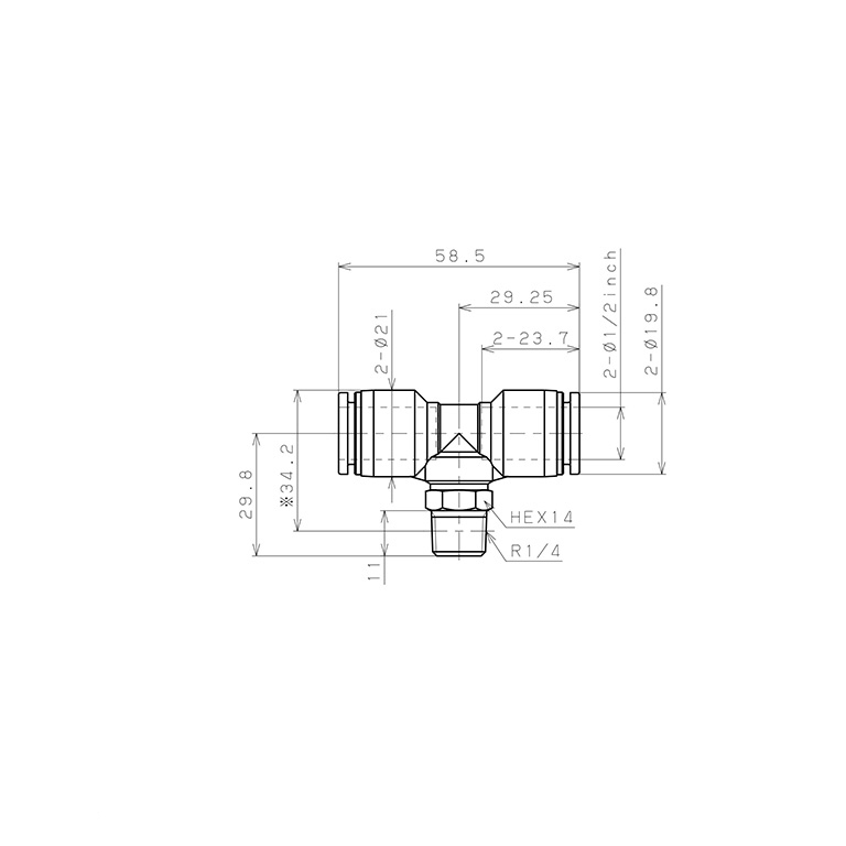 Đầu Nối Nhanh Khí Nén Dạng Chữ T Ren Ngoài Pisco PB1/2-02W_drawing