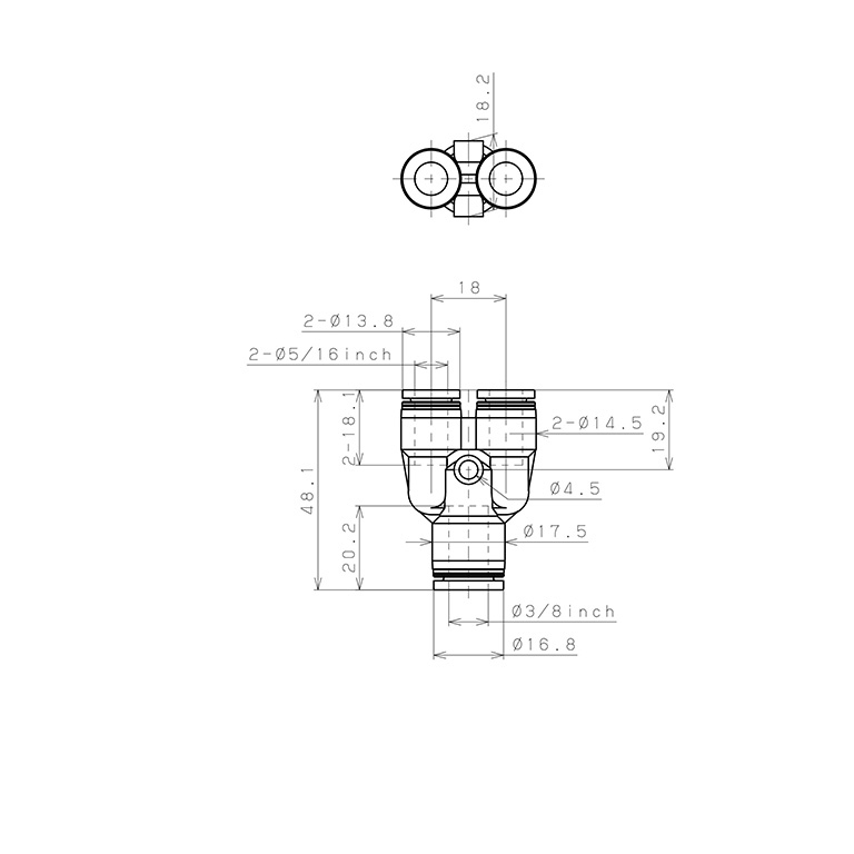 Đầu Nối Nhanh Khí Nén Chữ Y Dạng Nối Giảm Pisco PW3/8-5/16_drawing