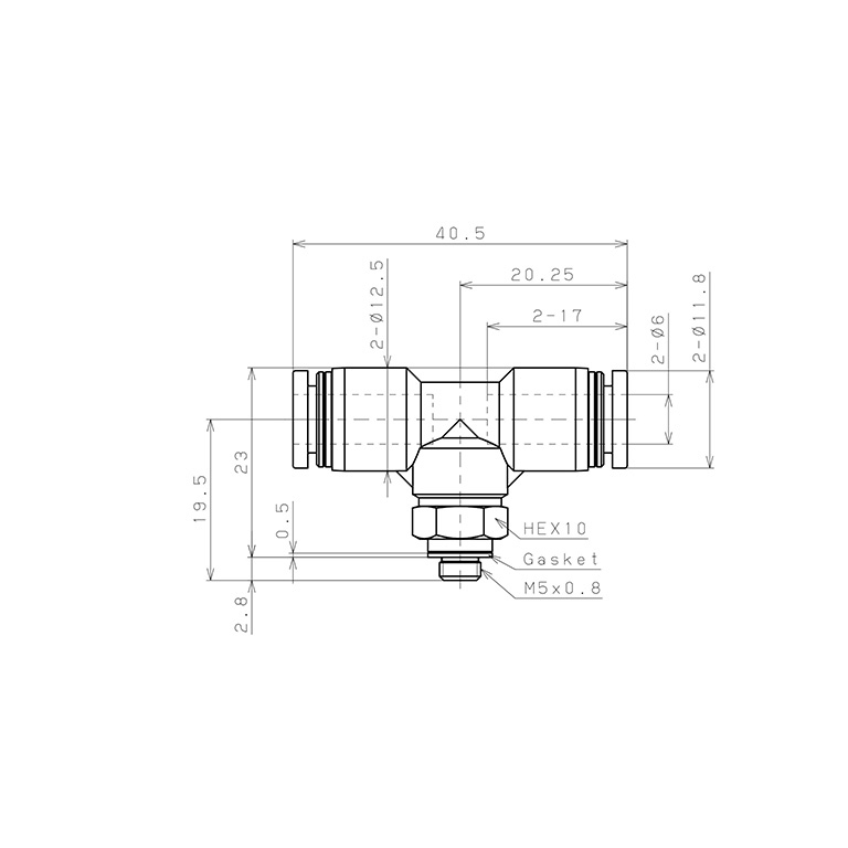 Đầu Nối Nhanh Khí Nén Dạng Chữ T Ren Ngoài Pisco PB6-M5W_drawing