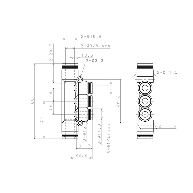 Đầu Nối Nhanh Khí Nén Chữ T 5 Ngã Dạng Nối Giảm Pisco PKG3/8-1/4-C_drawing