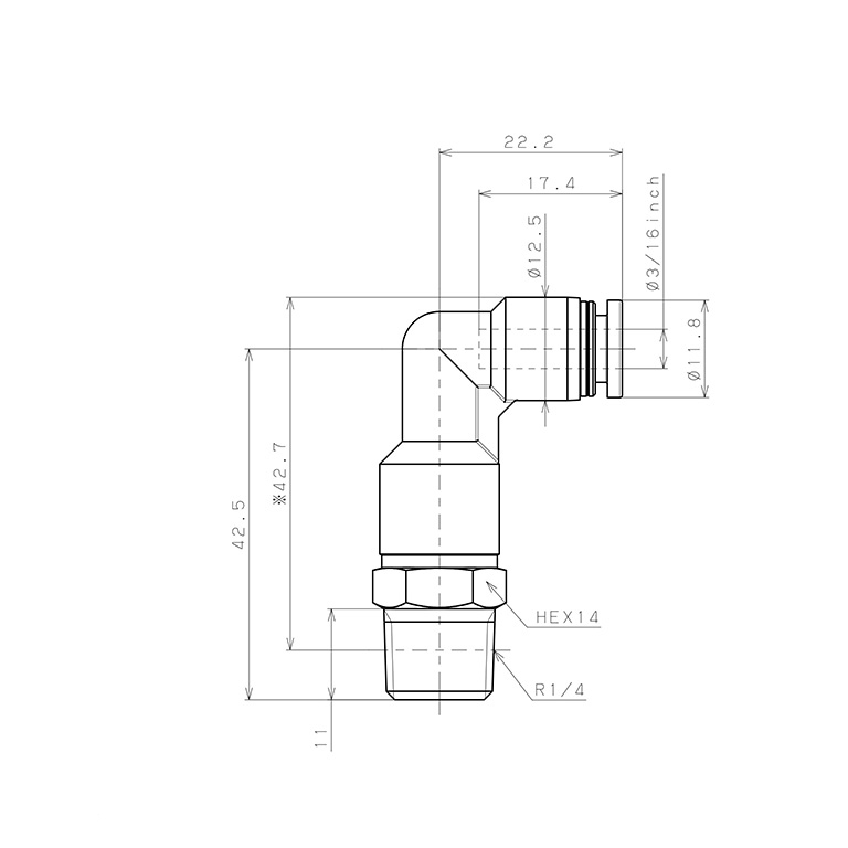 Đầu Nối Nhanh Khí Nén Dạng Cong 90° Ren Ngoài (Dài) Pisco PLL3/16-02W_drawing