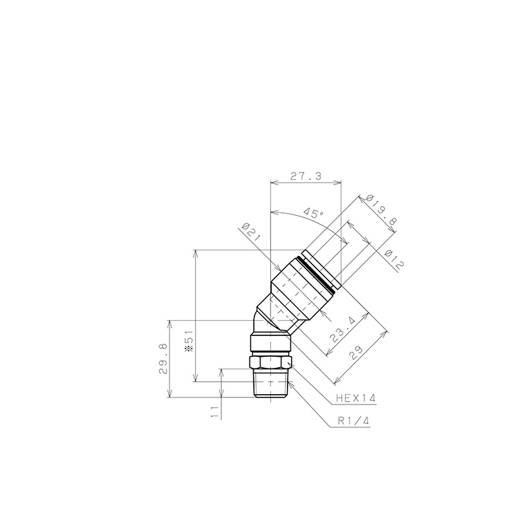 Đầu Nối Nhanh Khí Nén Dạng Cong 45° Ren Ngoài Pisco PLH12-02-C_drawing