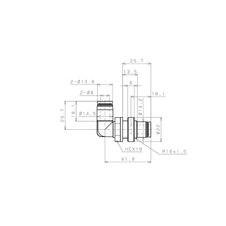 Đầu Nối Nhanh Khí Nén Cong 90° Ren Ngoài Lắp Kẹp Vách Pisco PML8-UC_drawing