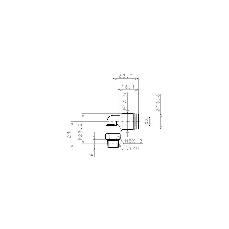 Đầu Nối Nhanh Khí Nén Cong 90° OD 12mm Ren Ngoài R3/8 Pisco PL12-03_drawing