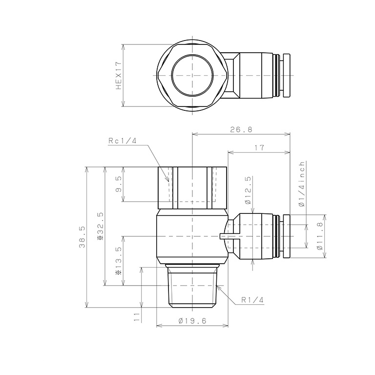 Đầu Nối Nhanh Khí Nén Cong 90° Đầu Lục Giác Trụ Ren Đực Cái Pisco PHF1/4-02_drawing