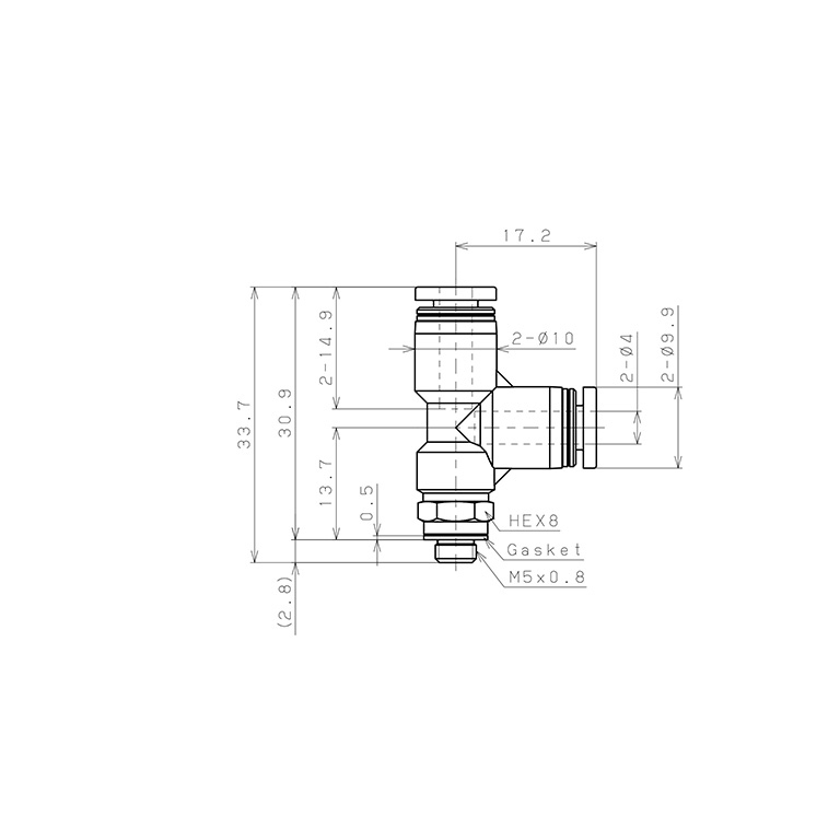 Đầu Nối Nhanh Khí Nén Dạng Chữ T Ren Ngoài Pisco PD4-M5_drawing