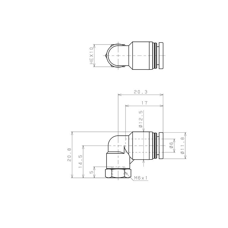 Đầu Nối Nhanh Khí Nén Dạng Cong 90° Ren Trong Pisco PLF6-M6W_drawing