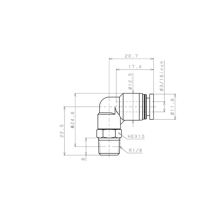 Đầu Nối Nhanh Khí Nén Dạng Cong 90° Ren Ngoài Pisco PL3/16-01W_drawing